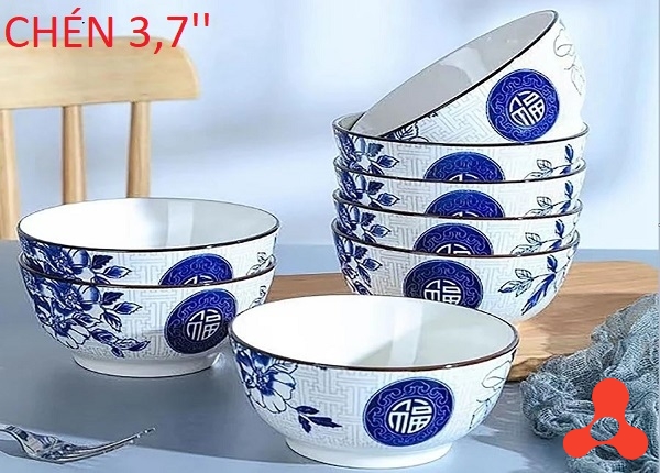 SET 10 CHÉN SỨ HOA XANH CHỮ PHÚC 3 INCH