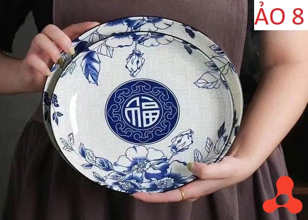 SET 10 ĐĨA SỨ HOA XANH CHỮ PHÚC SIZE 8