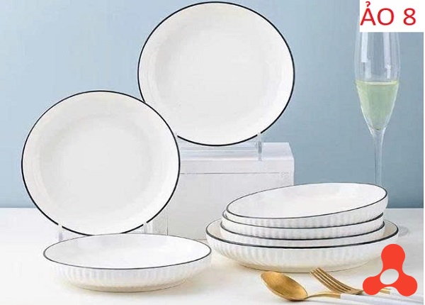 SET 10 ĐĨA SỨ TRÒN SỌC VIỀN ĐEN SIZE 8