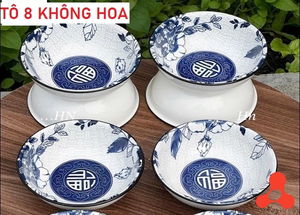 SET 10 TÔ SỨ KHÔNG HOA XANH CHỮ PHÚC SIZE 8