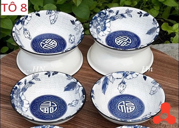 SET 10 TÔ SỨ KHÔNG HOA XANH SIZE 8