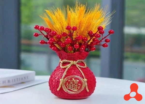 SET BÌNH HOA TÚI TIỀN KÈM CÀNH ĐÀO, BÔNG LÚA