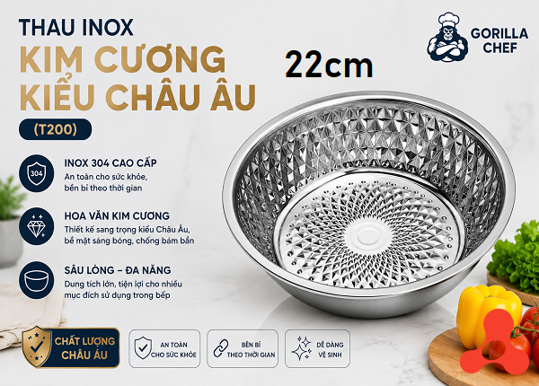 THAU INOX KIM CƯƠNG KIỂU CHÂU ÂU 22cm (T200)