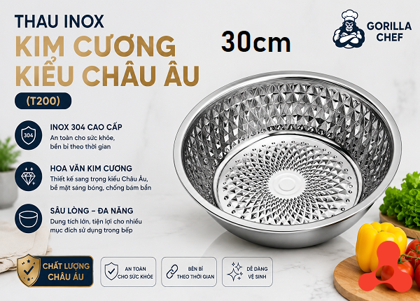 THAU INOX KIM CƯƠNG KIỂU CHÂU ÂU 30cm (T100)
