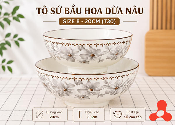 TÔ SỨ BẦU HOA DỪA NÂU SIZE 8 - 20CM (T30)