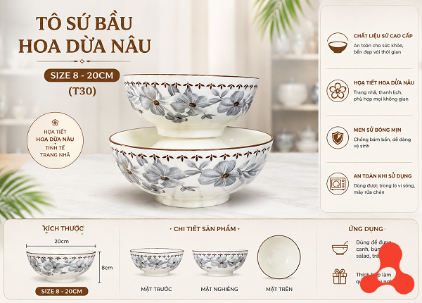 TÔ SỨ BẦU HOA DỪA NÂU SIZE 8 - 20CM (T30)