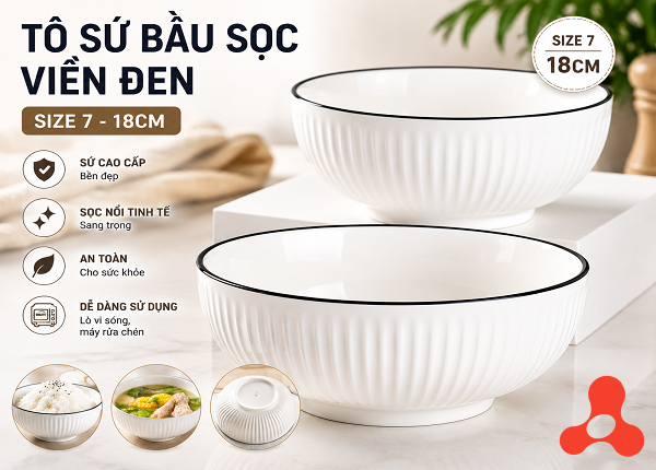 TÔ SỨ BẦU SỌC VIỀN ĐEN SIZE 7 - 18CM (T48)