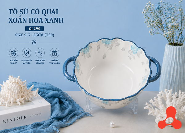 TÔ SỨ CÓ QUAI XOẮN HOA XANH GL290 SIZE 9.5 - 25CM (T30)