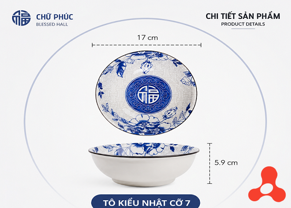 TÔ SỨ KHÔNG HOA XANH CHỮ PHÚC SIZE 7 - 17CM (T60)