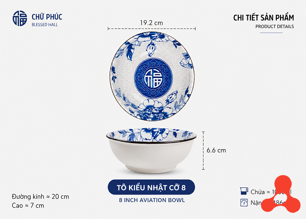 TÔ SỨ KHÔNG HOA XANH CHỮ PHÚC SIZE 8 - 19CM (T40)
