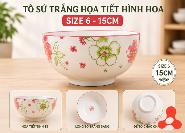 TÔ SỨ TRẮNG HỌA TIẾT HÌNH HOA SIZE 6 - 15CM