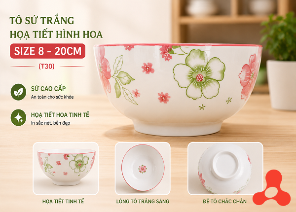 TÔ SỨ TRẮNG HỌA TIẾT HÌNH HOA SIZE 8 - 20CM (T30)