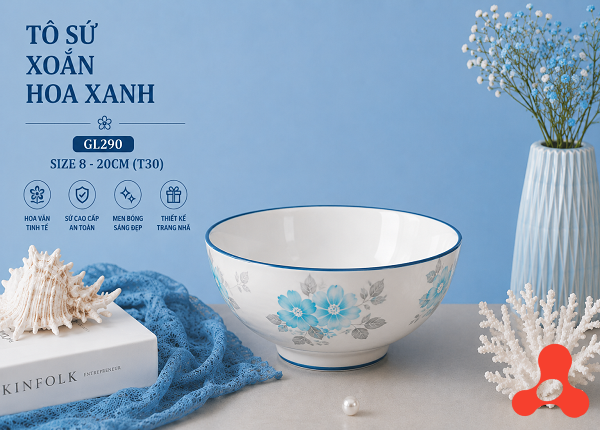 TÔ SỨ XOẮN HOA XANH GL290 SIZE 8 - 20CM (T30)