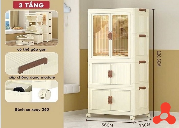 TỦ NHỰA GẤP GỌN 3 TẦNG CHO BÉ CÓ BÁNH XE